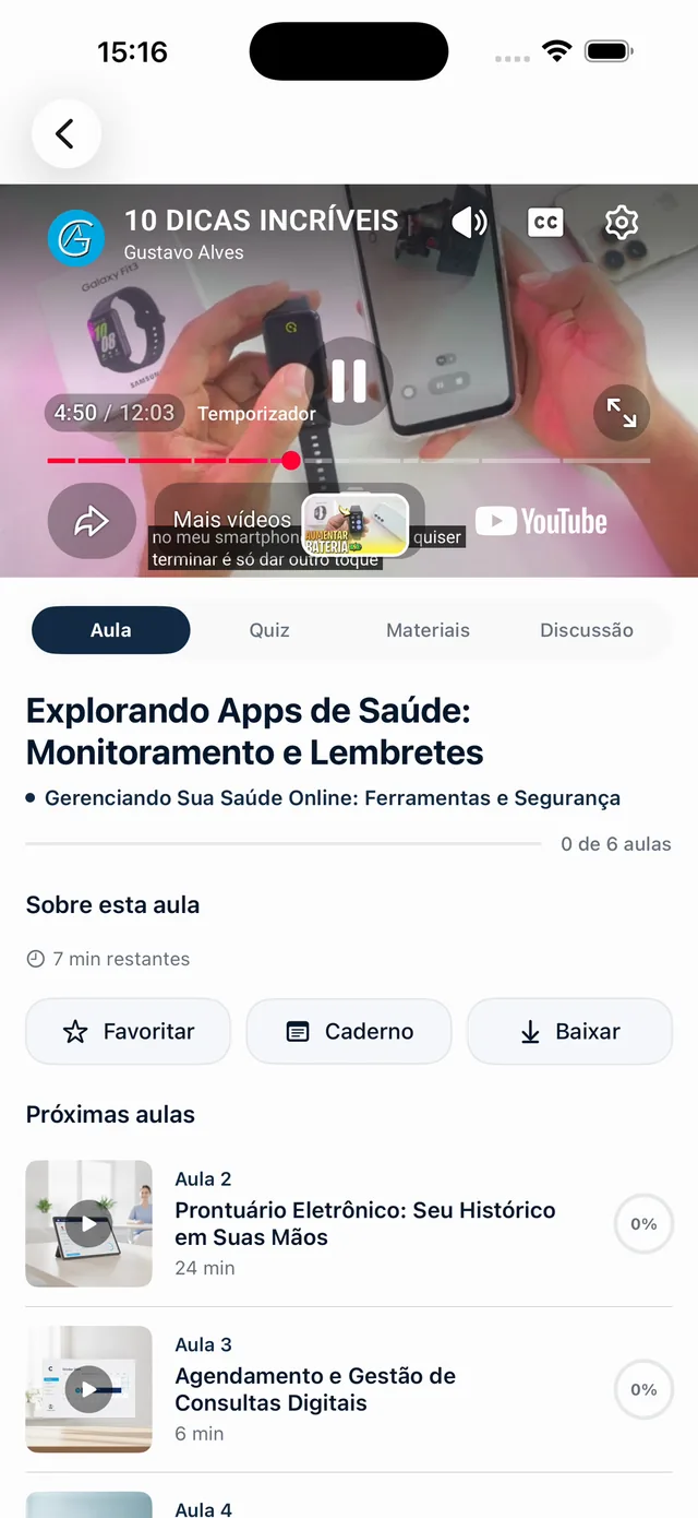 Tela real de aula: player de vídeo, abas Aula, Quiz, Materiais e Discussão