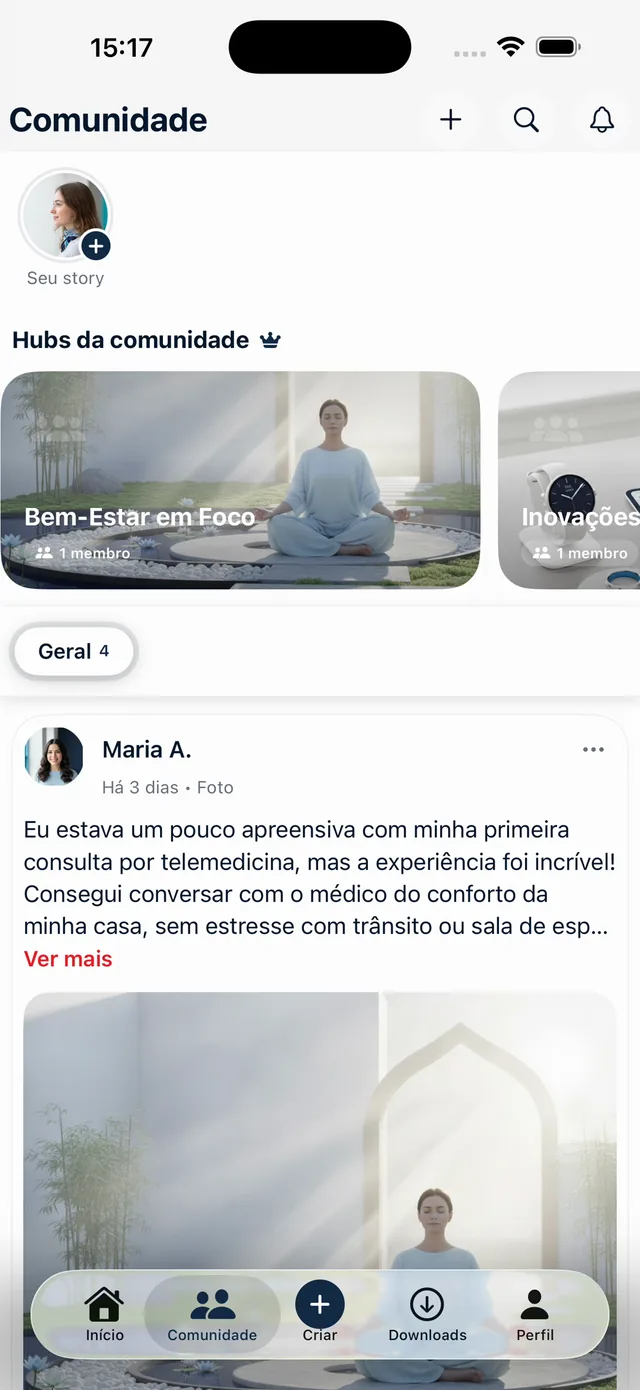 Tela real da comunidade: stories, hubs e feed