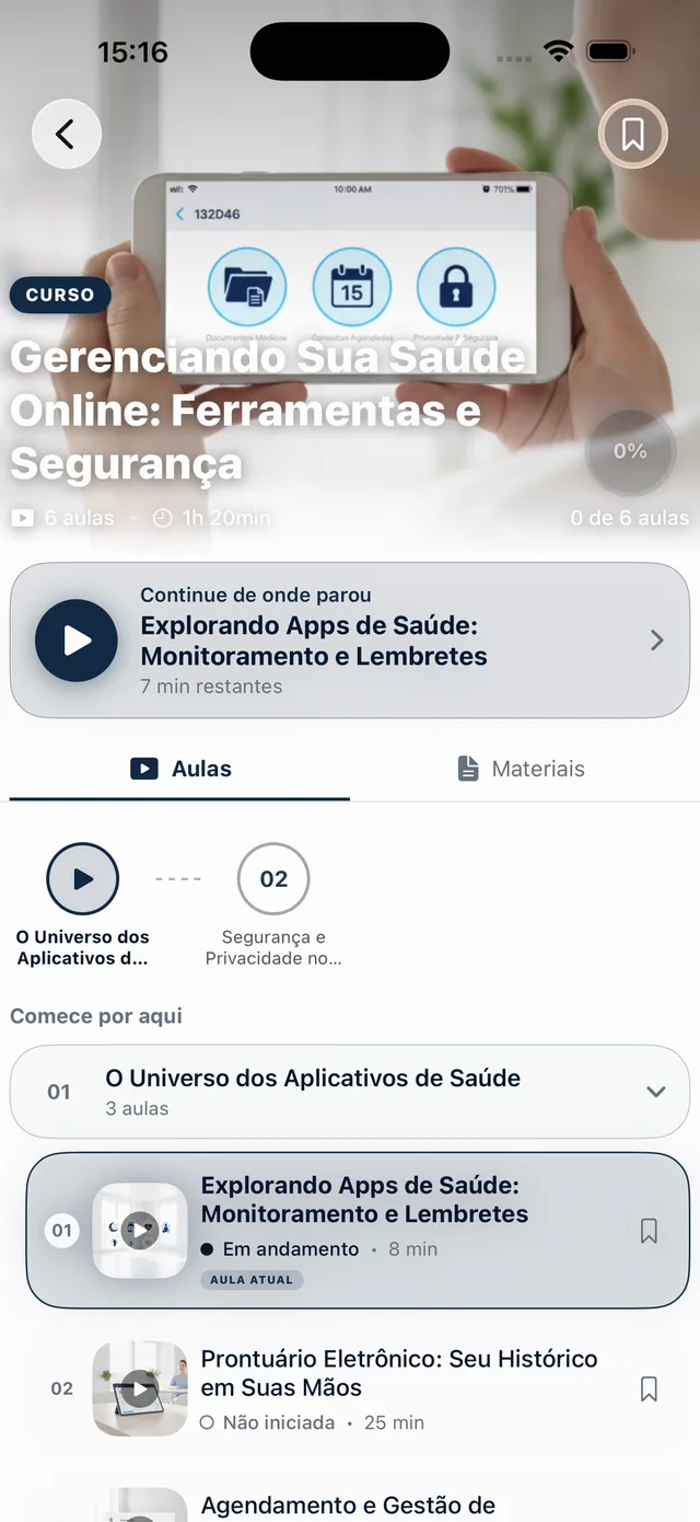 Tela real de curso: continuar de onde parou, aulas e materiais