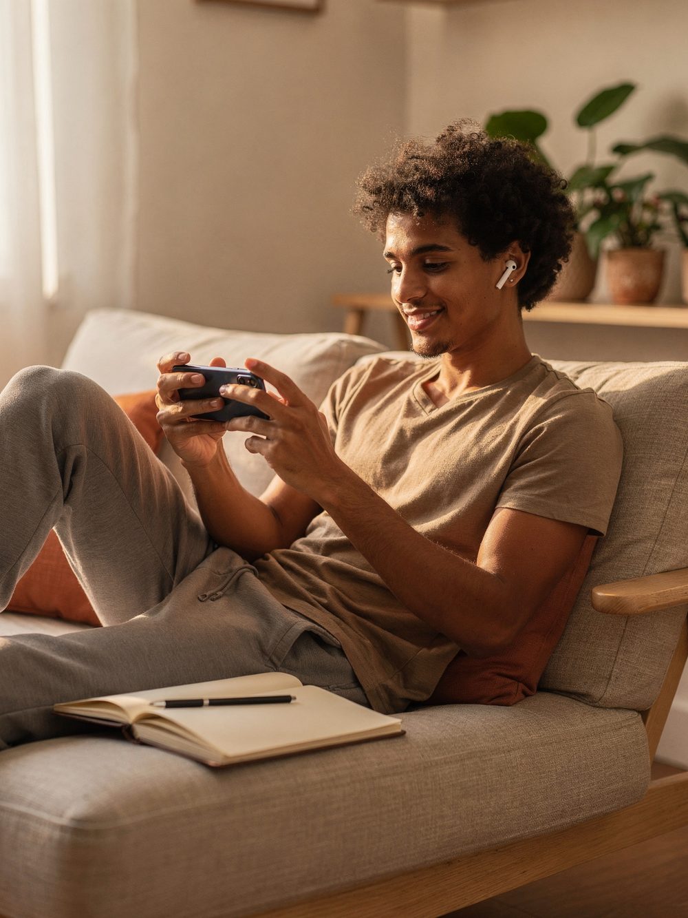 Jovem no sofá assistindo a uma aula no celular, com fones e um caderno ao lado