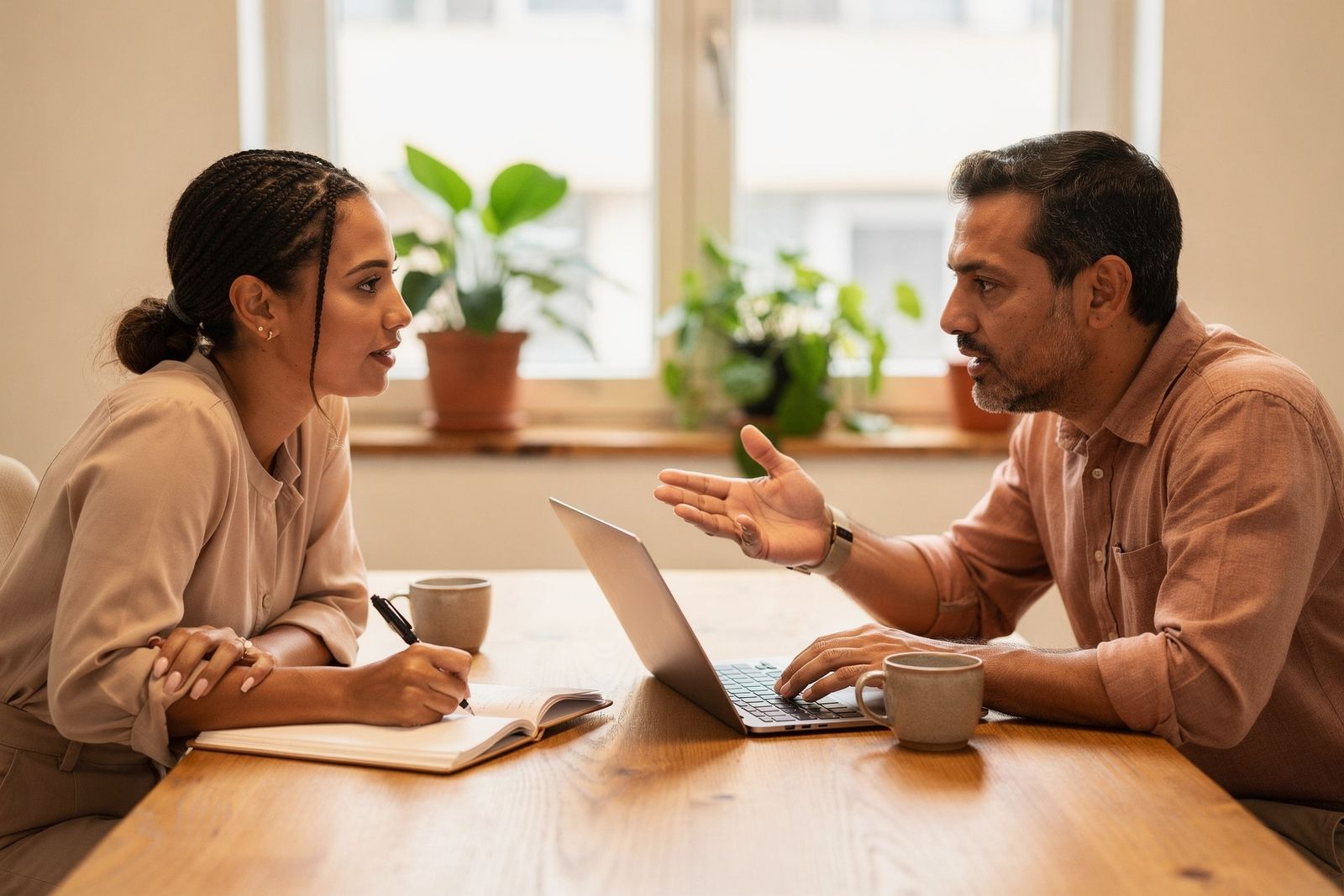 Duas pessoas conversando à mesa, uma anotando e a outra explicando, com um notebook entre elas