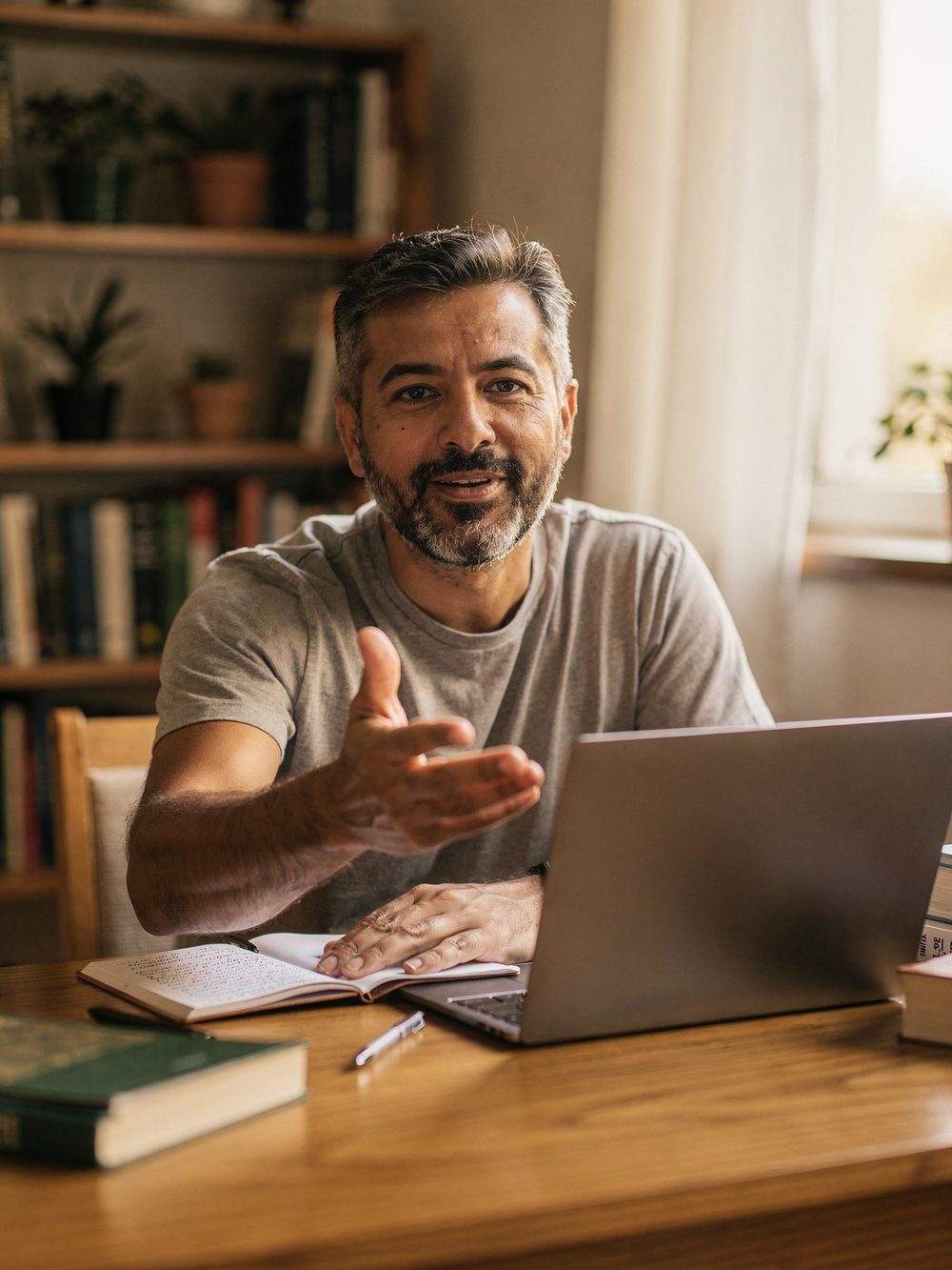 Professor explicando um conteúdo à mesa, com caderno de anotações e notebook